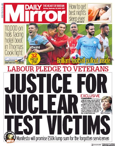 Daily Mirror Newspaper Front Page for 23 September 2019