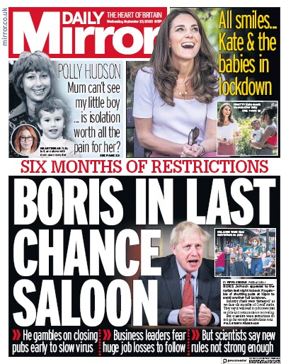 Daily Mirror Newspaper Front Page for 23 September 2020