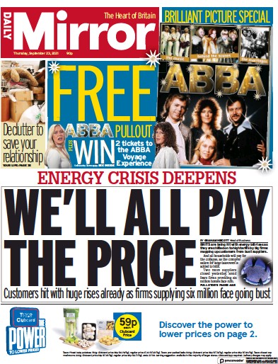 Daily Mirror (UK) Newspaper Front Page for 23 September 2021