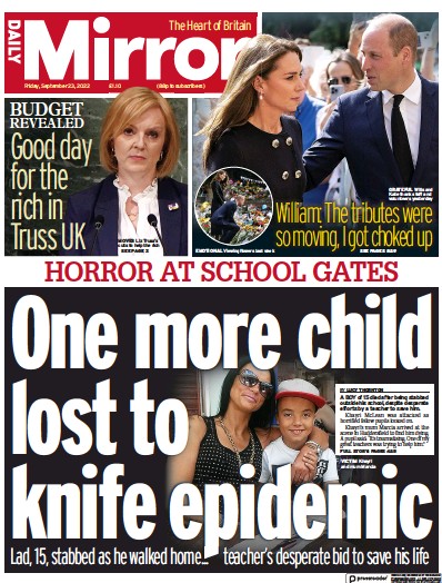 Daily Mirror (UK) Newspaper Front Page for 23 September 2022