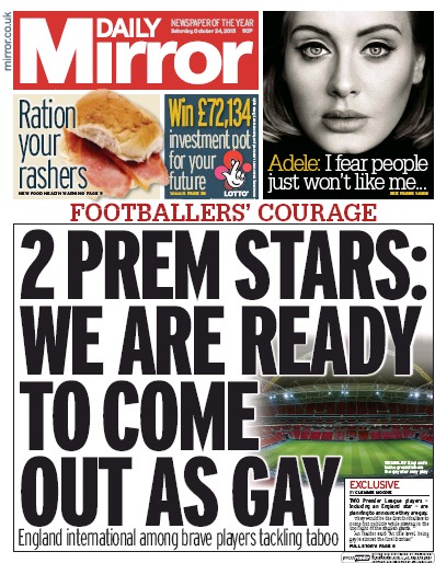 Daily Mirror Newspaper Front Page for 24 October 2015
