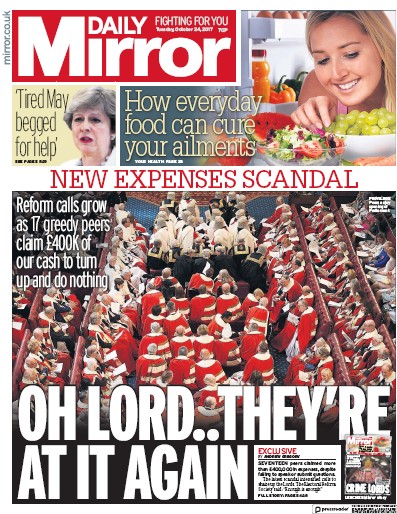 Daily Mirror Newspaper Front Page for 24 October 2017