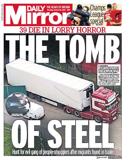 Daily Mirror Newspaper Front Page for 24 October 2019