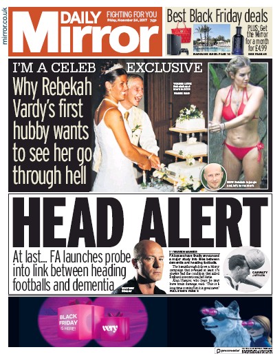 Daily Mirror Newspaper Front Page for 24 November 2017
