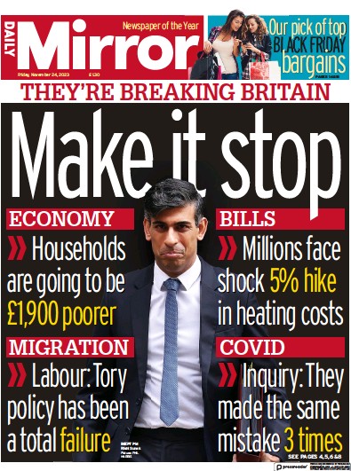 Daily Mirror (UK) Newspaper Front Page for 24 November 2023