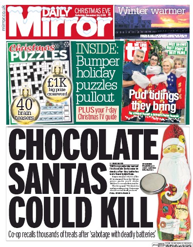 Daily Mirror Newspaper Front Page for 24 December 2016