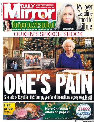Daily Mirror Newspaper Front Page for 24 December 2019