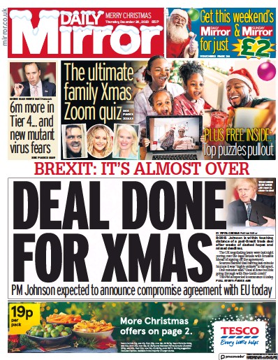Daily Mirror Newspaper Front Page for 24 December 2020