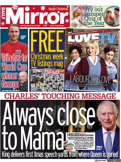 Daily Mirror (UK) Newspaper Front Page for 24 December 2022