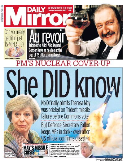 Daily Mirror Newspaper Front Page for 24 January 2017
