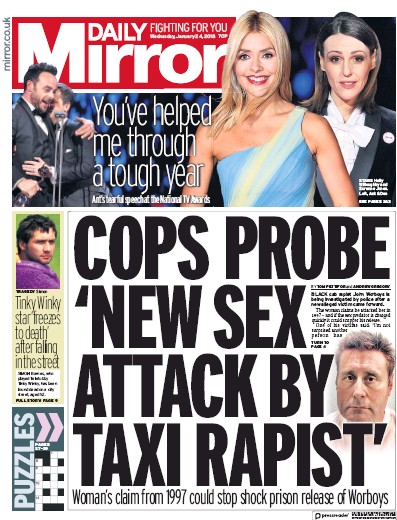 Daily Mirror Newspaper Front Page for 24 January 2018