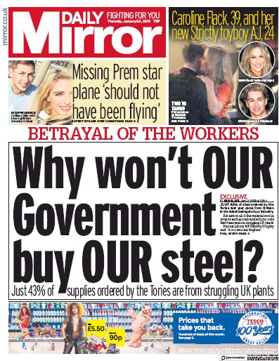 Daily Mirror Newspaper Front Page for 24 January 2019