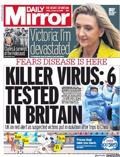 Daily Mirror Newspaper Front Page for 24 January 2020