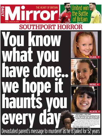 Daily Mirror (UK) Newspaper Front Page for 24 January 2025
