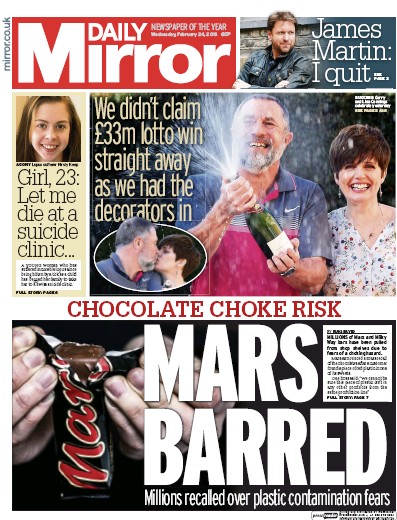 Daily Mirror Newspaper Front Page for 24 February 2016