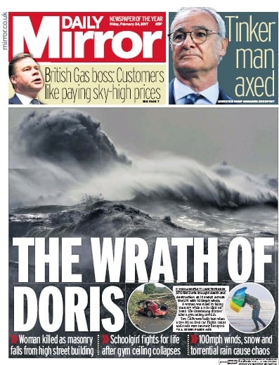 Daily Mirror (UK) Newspaper Front Page for 24 February 2017