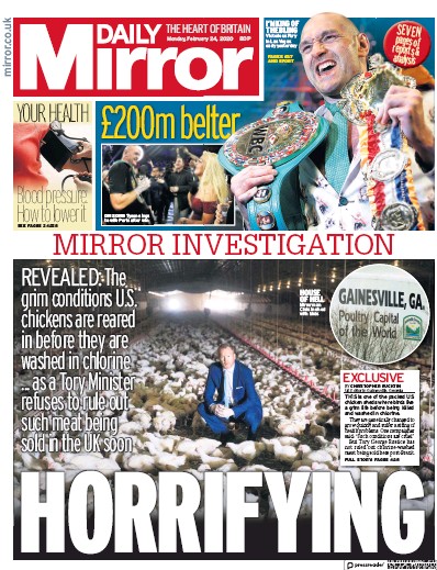 Daily Mirror Newspaper Front Page for 24 February 2020