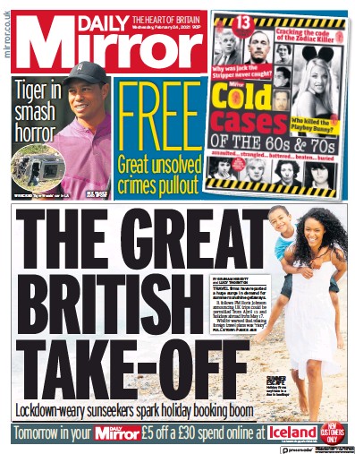 Daily Mirror Newspaper Front Page for 24 February 2021