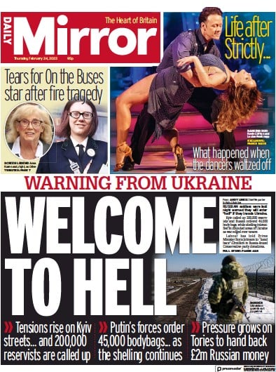 Daily Mirror Newspaper Front Page for 24 February 2022