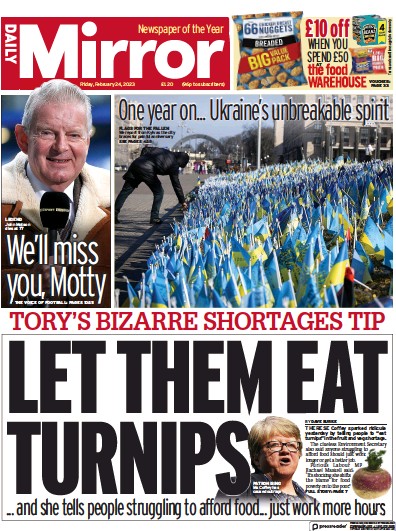 Daily Mirror (UK) Newspaper Front Page for 24 February 2023