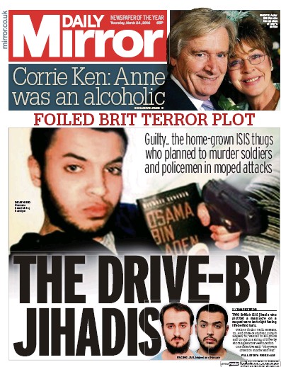 Daily Mirror Newspaper Front Page for 24 March 2016