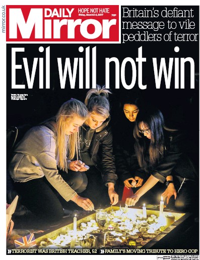 Daily Mirror Newspaper Front Page for 24 March 2017