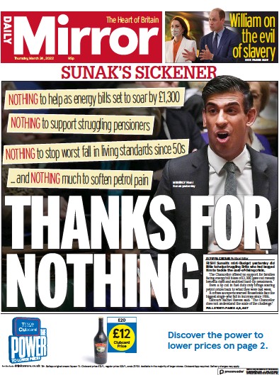 Daily Mirror Newspaper Front Page for 24 March 2022