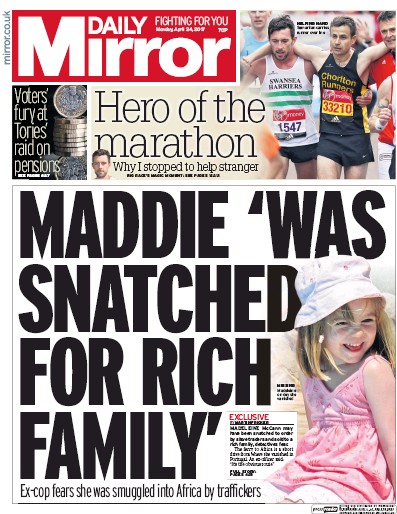 Daily Mirror (UK) Newspaper Front Page for 24 April 2017