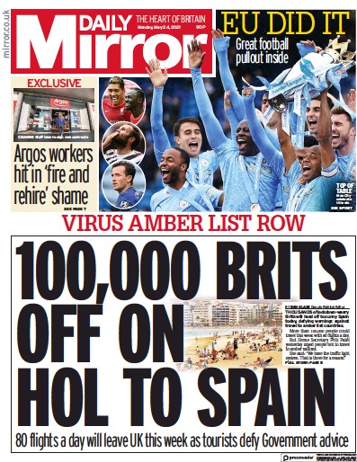 Daily Mirror Newspaper Front Page for 24 May 2021