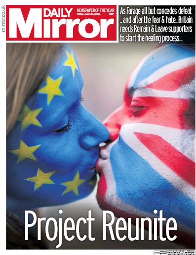 Daily Mirror Newspaper Front Page for 24 June 2016