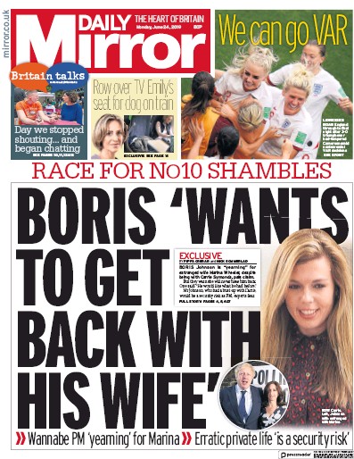 Daily Mirror Newspaper Front Page for 24 June 2019