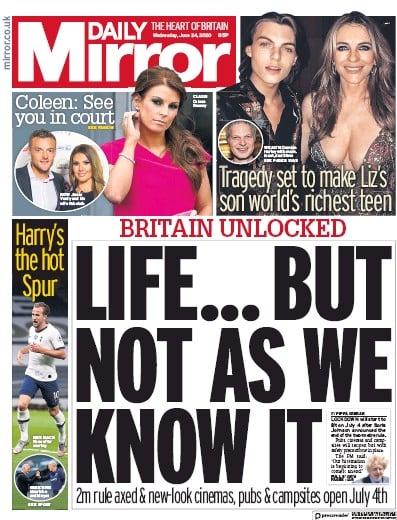Daily Mirror Newspaper Front Page for 24 June 2020