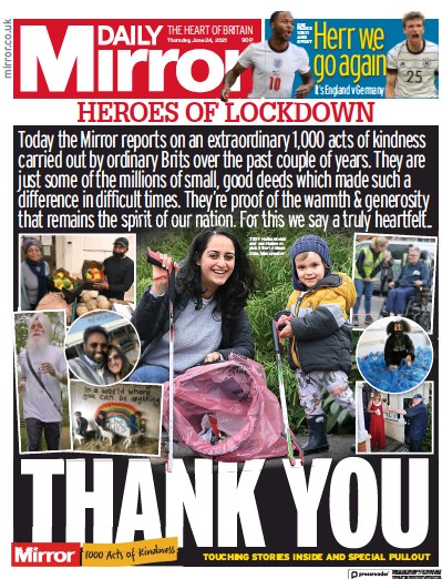 Daily Mirror (UK) Newspaper Front Page for 24 June 2021
