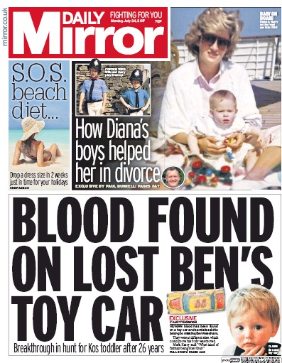Daily Mirror Newspaper Front Page for 24 July 2017