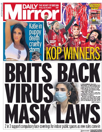 Daily Mirror Newspaper Front Page for 24 July 2020