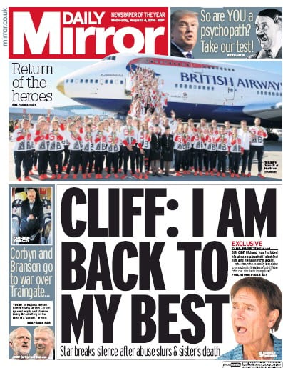 Daily Mirror (UK) Newspaper Front Page for 24 August 2016