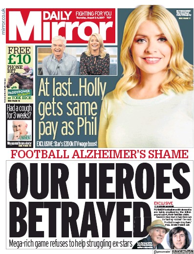 Daily Mirror Newspaper Front Page for 24 August 2017