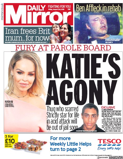 Daily Mirror Newspaper Front Page for 24 August 2018