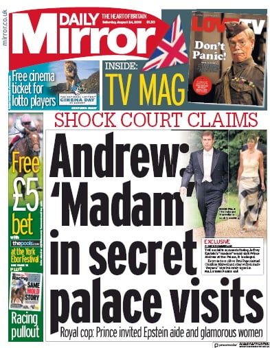 Daily Mirror Newspaper Front Page for 24 August 2019