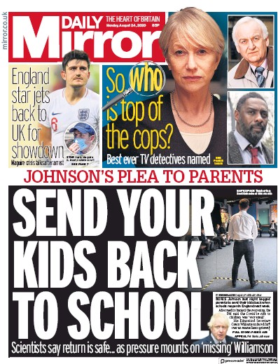 Daily Mirror Newspaper Front Page for 24 August 2020
