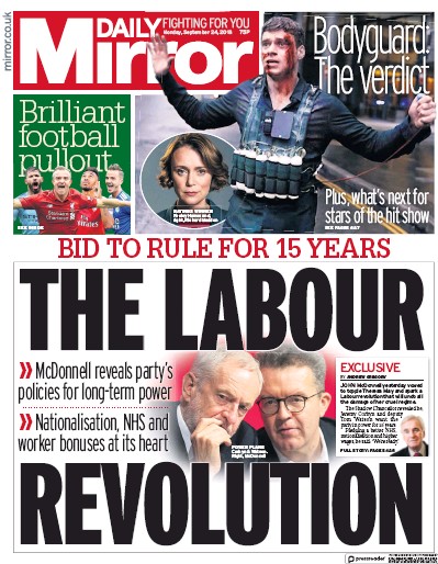 Daily Mirror Newspaper Front Page for 24 September 2018