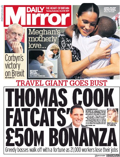 Daily Mirror Newspaper Front Page for 24 September 2019