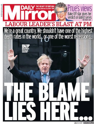 Daily Mirror Newspaper Front Page for 24 September 2020