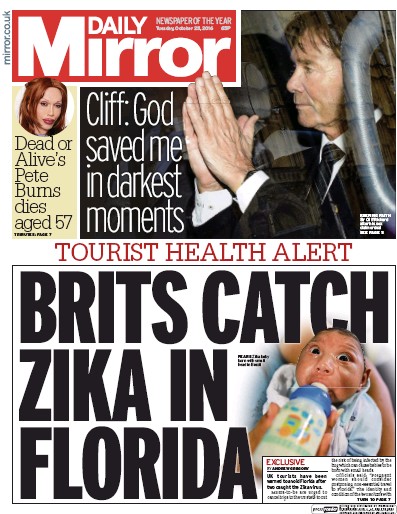 Daily Mirror Newspaper Front Page for 25 October 2016