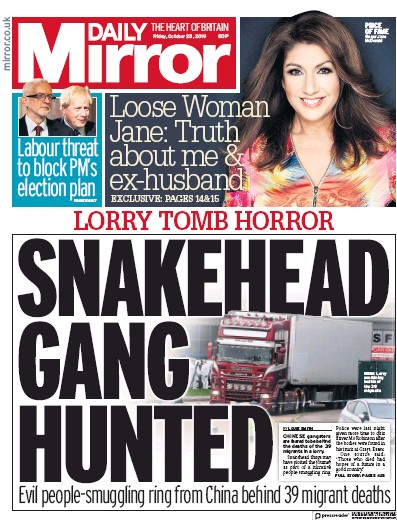 Daily Mirror Newspaper Front Page for 25 October 2019
