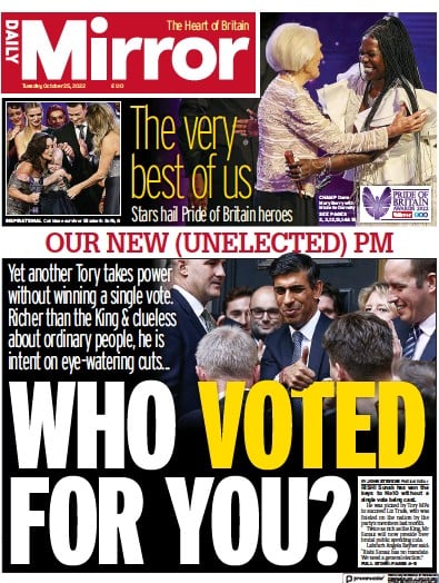 Daily Mirror (UK) Newspaper Front Page for 25 October 2022