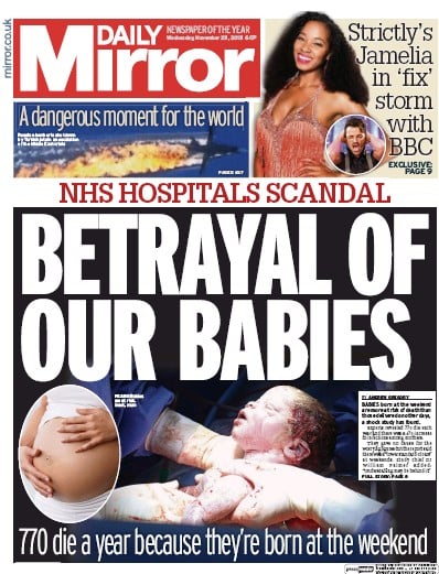 Daily Mirror Newspaper Front Page for 25 November 2015
