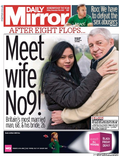 Daily Mirror Newspaper Front Page for 25 November 2016