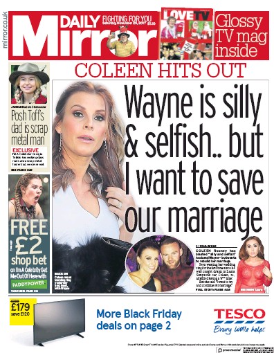 Daily Mirror Newspaper Front Page for 25 November 2017