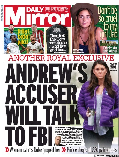 Daily Mirror (UK) Newspaper Front Page for 25 November 2019